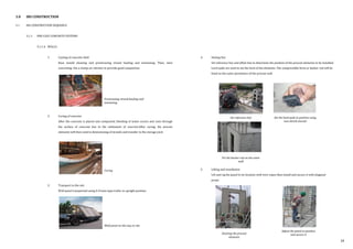 3.0 IBS CONSTRUCTION
3.1 IBS CONSTRUCTION SEQUENCE
3.1.1 PRE-CAST CONCRETE SYSTEMS
3.1.1.4 WALLS
1. Casting of concrete shell
Base mould cleaning and prestressing strand hauling and tensioning. Then, start
concreting. Use a clamp-on vibrator to provide good compaction.
2. Curing of concrete
After the concrete is placed and compacted, bleeding of water occurs and rises through
the surface of concrete due to the settlement of concrete.After curing, the precast
elements will then send to detensioning of strands and transfer to the storage yard.
3. Transport to the site
Wall panel transported using A-Frame type trailer in upright position.
4. Setting Out
Set reference line and offset line to determine the position of the precast elements to be installed.
Level pads are used to set the level of the elements. The compressible form or backer rod will be
fixed on the outer perimeters of the precast wall.
5. Lifting and installation
Lift and rig the panel to its location with wire ropes then install and secure it with diagonal
props.
Set reference line Set the level pads in position using
non-shrink mortal
Fix the backer rod on the outer
wall
Hoisting the precast
elements
Adjust the panel to position
and secure it
Prestressing strand hauling and
tensioning
Curing
Wall panel on the way to site
34
 