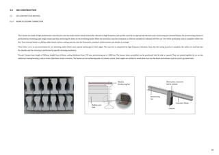 3.0 IBS CONSTRUCTION
3.2 IBS CONSTRUCTION METHOD
3.2.3 BEAM TO COLUMN CONNECTION
The I beams are made of high-performance concrete pre-cast into multi-section metal formworks, vibrated at high frequency and quickly cured by an appropriate thermal cycle. Concerning pre-stressed beams, the prestressing process is
performed by stretching each single-strand and then anchoring the latter on the stretching heads. When the necessary concrete resistance is achieved, strands are released and then cut. The whole production cycle is complete within one
day. Post-stressed beams or sliding-cables beams, before casting concrete into the formworks, standard reinforcement and sheaths is arrange.
These latter serve as accommodation for pre-stressing cables which carry special anchorages at their edges. The concrete is compacted by high frequency vibration. Once also the curing process is complete, the cables are inserted into
the sheaths and the stressing is performed by specific stressing machinery.
Precast I beams have length of 500mm, height from 610mm, casting thickness from 170 mm; prestressing up to 1.800 ton. The beams when assembled can be positioned side by side or spaced. They are joined together by an on-site
additional casting forming a slab to better distributes loads crosswise. The beams are set on bearing pads on column corbels. Steel angles are welded to metal plate cast into the beam and columns and the joint is grouted solid
Mesh &
Reinforcing bar
Hollow core
slab
Concrete I Beam
Column
Metal plate connector
bolt & welded
Reinforcing
bar
42
 