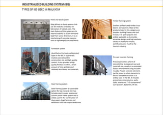 INDUSTRIALISED BUILDING SYSTEM (IBS)
TYPES OF IBS USED IN MALAYSIA
Pre-cast concrete framing
Precast concrete is a form of
concrete that is prepared, cast and
cured off-site, usually in a controlled
factory environment using reusable
moulds. Precast concrete elements
can be joined to other elements to
form a complete structure. It is
widely used in the IBS. It includes
precast concrete columns, walls,
slabs, beams and “3-D components”
such as stairs, balconies, lift etc.
Formwork system
Identified as the least prefabricated
types in the IBS. It is generally
involves concrete at the
construction site and high quality
control. It also provides a high
quality finishes in within a short
amount of time and demand
relatively less labour and materials.
Steel framing system
Steel framing system is sustainable
option for low-rise and mid-rise,
Includes steel trusses, beams and
column portal frame system and is
widely used in the construction of
skyscrapers, large factories and
exhibition halls that require wide area.
Panel and block system
May defines as those systems that
use 3D modules (or boxes) for
fabrication of habitat units. The
main feature of this system are its
internal stability as it can withstand
load from varius directions. It is an
interlocking of concrete masonry
units or lightweight concrete blocks.
Timber framing system
Involves prefabricated timber truss
beams and columns. Most of the
products listed in this category are
wooden building frames and roof
trusses. It is quite popular and
widely applicable as it provides
attractive designs and high aesthetic
values as chalets for resorts,
contributing very much to the
tourism industry.
 