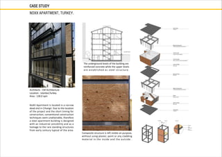 CASE STUDY
NOXX APARTMENT, TURKEY.
Architects : CM Architecture
Location : Istanbul,Turkey.
Area : 128.0 sqm
NoXX Apartment is located in a narrow
dead end in Cihangir. Due to the location
of the project and the short timing for
construction, conventional construction
techniques seem unattainable, therefore
a steel apartment building is designed
with an industrial sensibility and as a
homage to the rare standing structures
from early century typical of the area.
The underground levels of the building are
reinforced concrete while the upper levels
are established as steel structure.
Composite structure is left visible on purpose,
without using plaster, paint or any cladding
material in the inside and the outside .
 
