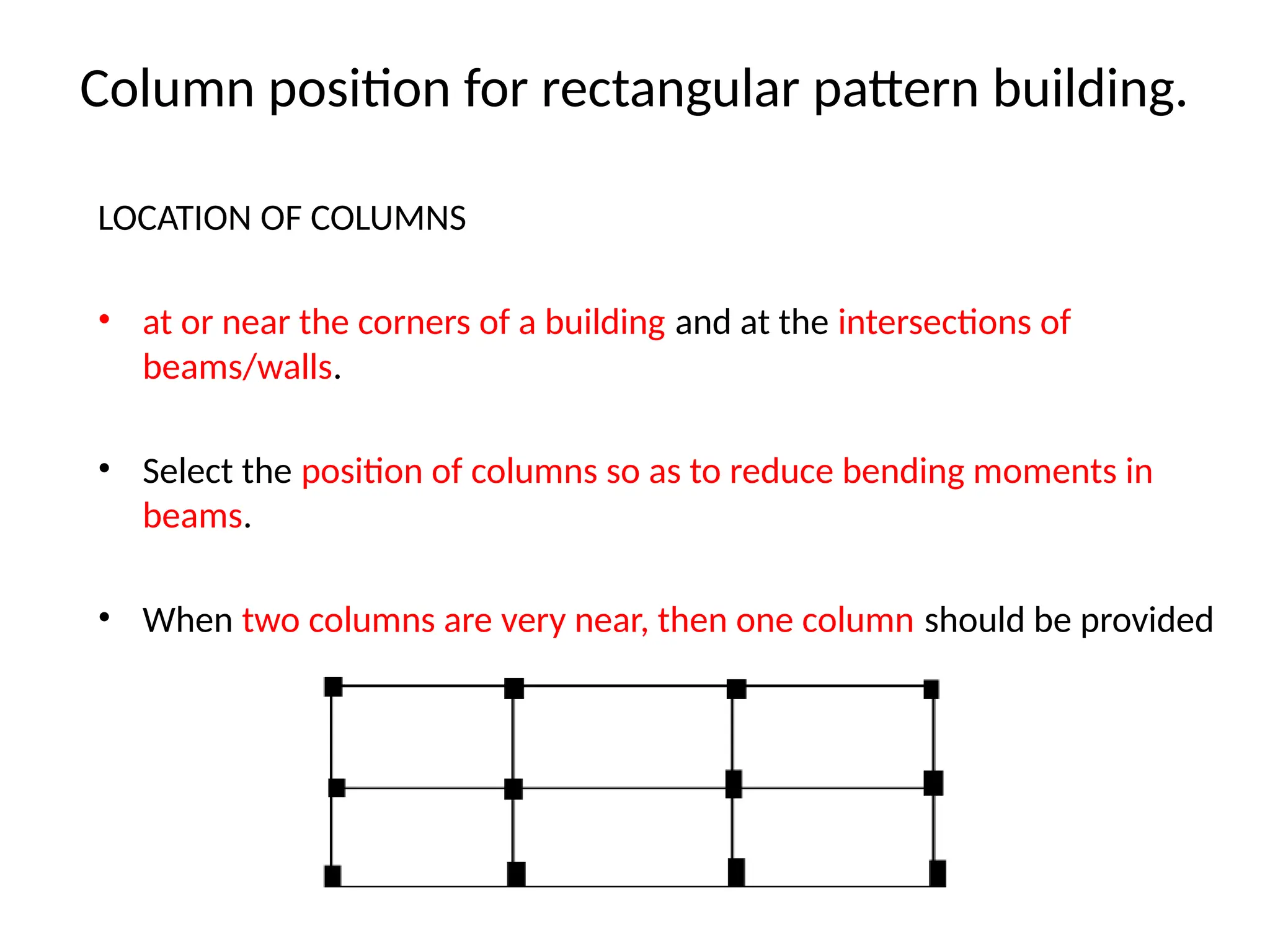 Column position for rectangular pattern building.
LOCATION OF COLUMNS
• at or near the corners of a building and at the intersections of
beams/walls.
• Select the position of columns so as to reduce bending moments in
beams.
• When two columns are very near, then one column should be provided
 