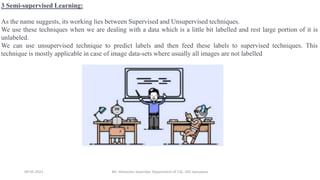 09-05-2021 Mr. Himanshu Swarnkar, Department of CSE, GEC banswara
3 Semi-supervised Learning:
As the name suggests, its working lies between Supervised and Unsupervised techniques.
We use these techniques when we are dealing with a data which is a little bit labelled and rest large portion of it is
unlabeled.
We can use unsupervised technique to predict labels and then feed these labels to supervised techniques. This
technique is mostly applicable in case of image data-sets where usually all images are not labelled
 