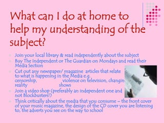 How will the course be assessed?All work is coursework – produced either in lessons or for homework The work for each unit is submitted as an                   individual portfolio – even if it was a group                brief All units are assessed by the teacher who               taught the unit who will give you an initial                 grade which you can amend by re-draftingAll portfolios will then be moderated by the Head of Department and an External Moderator