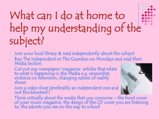 How will the course be assessed?All work is coursework – produced either in lessons or for homework The work for each unit is submitted as an                   individual portfolio – even if it was a group                brief All units are assessed by the teacher who               taught the unit who will give you an initial                 grade which you can amend by re-draftingAll portfolios will then be moderated by the Head of Department and an External Moderator