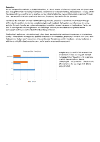 Evaluation
For my presentation,Idecidedtodoa writtenreport,asI wouldbe able tocollectbothqualitative andquantitative
data ...