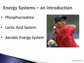 ©Subject Support 2010. 
• Phosphocreatine 
• Lactic Acid System 
• Aerobic Energy System 
 