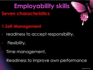Seven characteristics
1.Self-Management
• readiness to accept responsibility,
• Flexibility,
• Time management,
• Readiness to improve own performance
Employability skills
 