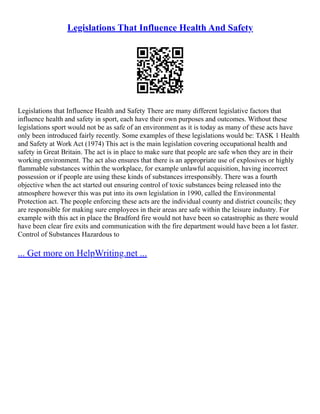 Legislations That Influence Health And Safety
Legislations that Influence Health and Safety There are many different legislative factors that
influence health and safety in sport, each have their own purposes and outcomes. Without these
legislations sport would not be as safe of an environment as it is today as many of these acts have
only been introduced fairly recently. Some examples of these legislations would be: TASK 1 Health
and Safety at Work Act (1974) This act is the main legislation covering occupational health and
safety in Great Britain. The act is in place to make sure that people are safe when they are in their
working environment. The act also ensures that there is an appropriate use of explosives or highly
flammable substances within the workplace, for example unlawful acquisition, having incorrect
possession or if people are using these kinds of substances irresponsibly. There was a fourth
objective when the act started out ensuring control of toxic substances being released into the
atmosphere however this was put into its own legislation in 1990, called the Environmental
Protection act. The people enforcing these acts are the individual county and district councils; they
are responsible for making sure employees in their areas are safe within the leisure industry. For
example with this act in place the Bradford fire would not have been so catastrophic as there would
have been clear fire exits and communication with the fire department would have been a lot faster.
Control of Substances Hazardous to
... Get more on HelpWriting.net ...
 