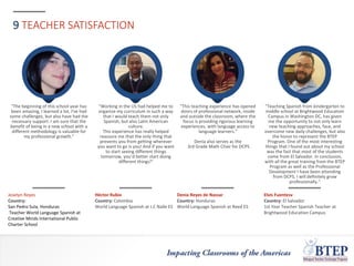 9 TEACHER SATISFACTION
"The beginning of this school year has
been amazing, I learned a lot, I've had
some challenges, but also have had the
necessary support. I am sure that the
benefit of being in a new school with a
different methodology is valuable for
my professional growth."
Joselyn Reyes
Country:
San Pedro Sula, Honduras
Teacher World Language Spanish at
Creative Minds International Public
Charter School
"Working in the US had helped me to
organize my curriculum in such a way
that I would teach them not only
Spanish, but also Latin American
culture.
This experience has really helped
reassure me that the only thing that
prevents you from getting wherever
you want to go is you! And if you want
to start seeing different things
tomorrow, you’d better start doing
different things!"
Héctor Rubio
Country: Colombia
World Language Spanish at J.C Nalle ES
"This teaching experience has opened
doors of professional network, inside
and outside the classroom, where the
focus is providing rigorous learning
experiences, with language access to
language learners.”
Denia also serves as the
3rd Grade Math Chair for DCPS
Denia Reyes de Nassar
Country: Honduras
World Language Spanish at Reed ES
"Teaching Spanish from kindergarten to
middle school at Brightwood Education
Campus in Washington DC, has given
me the opportunity to not only learn
new teaching approaches, face, and
overcome new daily challenges, but also
the honor to represent the BTEP
Program. One of the most interesting
things that I found out about my school
was the fact that most of the students
come from El Salvador. In conclusion,
with all the great training from the BTEP
Program as well as the Professional
Development I have been attending
from DCPS, I will definitely grow
professionally."
Elvis Fuentesv
Country: El Salvador
1st Year Teacher Spanish Teacher at
Brightwood Education Campus
 