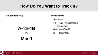 How Do You Want to Track It?
Bin Numbering

Breakdown
• A – Aisle
• 13 – Bay (2 Characters)

A-13-4B
Vs

– Odd vs Even

• 4 – Level/Shelf
• B – Placement

Mix-1

© 2014 MSA Systems,

qstockinventory.com

 