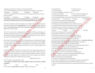 6
D. Multimedia communication is limited to text, video, and audio formats.
Câu 29. In which paragraph does the writer discuss the impact of new technology on communication?
A. Paragraph 1 B. Paragraph 2 C. Paragraph 3 D. Paragraph 4
Câu 30. In which paragraph does the writer explain the role of multimedia communication in social and
political movements?
A. Paragraph 1 B. Paragraph 2 C. Paragraph 3 D. Paragraph 4
Read the following passage about Protecting Endangered Species and mark the letter A, B, C or D on
your answer sheet to indicate the best answer to each of the following questions from 31 to 40.
[I] Over the past decades, the number of endangered species worldwide has been steadily increasing. This
phenomenon is primarily driven by human activities, such as habitat destruction, poaching, and climate
change. Conservation efforts have been made to address these issues, but much more needs to be
done to protect vulnerable wildlife.
[II] One of the main threats to endangered species is habitat loss. Deforestation, urbanisation, and
agricultural expansion have destroyed vast areas of natural habitats, forcing many animals to relocate or
face extinction. Additionally, illegal hunting and the trade of endangered species for their fur, bones, and
other body parts remain significant threats, despite global regulations.
[III] In response to these challenges, a variety of conservation strategies have been implemented. Protected
areas such as national parks and wildlife reserves are established to conserve habitats and offer sanctuary
to endangered species. Furthermore, stricter anti-poaching laws have been enforced in many regions to
curb illegal hunting. International collaboration has also played a crucial role in the fight against wildlife
trafficking.
[IV] While progress has been made, there is still much work to be done. Enhanced public awareness and
education on the importance of biodiversity are essential to garner more support for wildlife conservation.
Additionally, innovative technologies such as drones and satellite monitoring are helping to track animal
populations and combat illegal activities. Governments, NGOs, and local communities must continue to
work together to protect the most vulnerable species from extinction.
(Adapted from CNN news)
Câu 31. Where does the following sentence best fit?
"The protection of endangered species requires significant efforts from both local and global
communities."
A. [I] B. [II] C. [III] D. [IV]
Câu 32. The phrase "human activities" in paragraph 1 could be best replaced by ____.
D
Ạ
Y
K
È
M
Q
U
Y
N
H
Ơ
N
O
F
F
I
C
I
A
L
7
A. Natural phenomena B. Human interventions
C. Environmental changes D. Animal behaviors
Câu 33. The word "sanctuary" in paragraph 3 refers to ____
A. a hospital for injured animals B. a place of safety for endangered species
C. a type of breeding program for animals D. an educational center for wildlife
Câu 34. According to paragraph 2, which of the following is NOT a threat to endangered species?
A. Habitat destruction B. Climate change C. Overfishing D. Poaching
Câu 35. Which of the following best summarises paragraph 4?
A. More people need to be educated about wildlife protection.
B. Technology and international collaboration are key in wildlife conservation.
C. Governments and local communities have failed to prevent species extinction.
D. Wildlife protection efforts need to be focused solely on animals' habitats.
Câu 36. The word "relocate" in paragraph 2 is OPPOSITE in meaning to
A. migrate B. remain C. expand D. disappear
Câu 37. Which of the following is TRUE according to the passage?
A. Illegal hunting is the primary cause of species extinction.
B. Public education on conservation is not necessary for effective protection.
C. Governments and NGOs have joined forces to address wildlife trafficking.
D. International efforts to stop poaching have failed to make an impact.
Câu 38. Which of the following best paraphrases the underlined sentence: "Conservation efforts have
been made to address these issues, but much more needs to be done" in paragraph 1?
A. Conservation efforts have been insufficient in resolving the problem.
B. Much more action is required to effectively address the issues surrounding endangered species.
C. The conservation measures taken so far have been highly effective.
D. The solutions to protecting endangered species have already been implemented.
Câu 39. Which of the following can be inferred from the passage?
A. Habitat destruction is the sole reason for the decline in endangered species.
B. Innovative technologies are crucial for tracking and protecting endangered species.
C. Poaching is no longer a significant threat to endangered animals.
D. There is no need for stricter laws against poaching.
Câu 40. Which of the following best summarises the passage?
A. The extinction of endangered species is inevitable without radical changes to human behavior.
B. Local communities should bear the primary responsibility for wildlife conservation.
C. The focus of conservation efforts should be solely on protecting animal habitats rather than on reducing
poaching.
D
Ạ
Y
K
È
M
Q
U
Y
N
H
Ơ
N
O
F
F
I
C
I
A
L
 