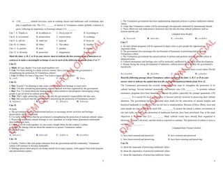 2
∑ (10) ________ cultural activities, such as cooking classes and traditional craft workshops, also
play a significant role. The (11) _______ of interest in Vietnamese culture globally continues to
grow, reflecting its importance in fostering cultural (12) ________.
Câu 7. A. Thanks to B. In addition to C. On account of D. According to
Câu 8. A. investment B. preservation C. conservation D. exchange
Câu 9. A. call for B. stand out C. keep up D. focus on
Câu 10. A. Others B. Other C. The others D. Another
Câu 11. A. portion B. item C. number D. amount
Câu 12. A. diversity B. protection C. imagination D. prevention
Mark the letter A, B, C or D on your answer sheet to indicate the best arrangement of utterances or
sentences to make a meaningful exchange or text in each of the following questions from 13 to 17.
Câu 13
a. Minh: Hi Lan, thanks! You look much healthier too!
b. Lan: I've been sticking to a daily exercise routine. Have you heard that the government is
strengthening the protection of Vietnamese culture?
c. Lan: Hi Minh, it's been a long time! You look so happy and energetic!
A. c-a-b B. b-c-a C. c-b-a D. b-a-c
Câu 14
a. Mai: Exactly! I’m planning to take some courses on cultural heritage to learn more.
b. Duy: I’m also considering participating in some cultural activities organized by the government.
c. Duy: Yes, I’ve heard about the heritage preservation initiatives and programs encouraging young
people to get involved in cultural protection.
d. Mai: That’s right, protecting culture is not only the government's responsibility but also ours.
e. Mai: Did you know that the government is intensifying the protection of Vietnamese culture?
A. b-d-a-e-c B. e-c-a-b-d C. d-b-a-e-c D. b-d-e-a-c
Câu 15
Hi Kiên,
a. The government has also implemented policies to encourage artistic activities and heritage
preservation, which is essential.
b. I’m really happy to see that the government is strengthening the protection of national cultural values.
c. Preserving traditional cultural heritage is very important, as it helps future generations understand
their history and roots.
d. I think if we all work together; we can create a bright future for the country’s culture.
e. Thanks for sharing with me about the initiatives to protect Vietnamese culture.
Write back soon,
TuLinh
A. d-b-a-c-e B. e-b-c-a-d C. a-d-b-c-e D. a-c-d-b-e
Câu 16
a. Finally, I believe that with proper attention from the government and the community, Vietnamese
culture will continue to develop sustainably.
b. Heritage preservation projects are being carried out in many regions, with support from both domestic
and international experts.
D
Ạ
Y
K
È
M
Q
U
Y
N
H
Ơ
N
O
F
F
I
C
I
A
L
3
c. The Vietnamese government has been implementing important policies to protect traditional cultural
values.
d. I hope that Vietnamese culture will be increasingly elevated and celebrated by international friends.
e. These efforts not only help preserve historical sites but also develop cultural industries such as
tourism and the arts.
(Adapted from Bright)
A. b-e-c-a-d B. a-b-c-d-e C. c-b-e-d-a D. c-a-d-b-e
Câu 17
a. Art and cultural programs will be organized in major cities to give people the opportunity to
experience them.
b. The government also encourages the involvement of businesses in protecting and promoting
Vietnamese culture.
c. The Vietnamese government has passed policies to protect and promote national cultural values in
urbanized areas.
d. Cultural monuments and heritage sites will be protected, unaffected by the rapid urban development.
e. Despite facing the strong development of industries, cultural preservation remains the government's
top priority.
(Adapted from i-Learn Smart World)
A. c-a-e-b-d B. d-c-a-b-e C. d-e-a-b-c D. c-d-a-b-e
Read the following passage about Vietnamese culture and mark the letter A, B, C or D on your
answer sheet to indicate the option that best fits each of the numbered blanks from 18 to 22.
The Vietnamese government has recently taken significant steps to strengthen the protection of its
cultural heritage. Several national monuments and historic sites (18) ________. To promote cultural
awareness, programs have been launched to educate the public, especially the younger generation, (19)
_________. It is crucial for local communities to become actively involved in preserving their cultural
identities. The government has also allocated more funds for the renovation of ancient temples and
historical landmarks to ensure that they are not lost to modernization. Because of these efforts, more and
more people are now aware of the need (20) _________. To protect the nation’s culture, investments in
arts and crafts, as well as the promotion of traditional festivals, have been prioritized. One of the main
objectives is to ensure that (21) _________. Many cultural events have already been organized to
showcase Vietnam’s diversity, and this trend is expected to continue. The protection of culture is seen as
essential (22) _________.
(Adapted from Friends Global)
Câu 18:
A. have been restored and preserved B. have restored and preserved
C. have been restored and preserving D. have been restoring and preserving
Câu 19:
A. about the important of protecting traditional values
B. about the importance of protected traditional values
C. about the importance of protecting traditions values
D
Ạ
Y
K
È
M
Q
U
Y
N
H
Ơ
N
O
F
F
I
C
I
A
L
 