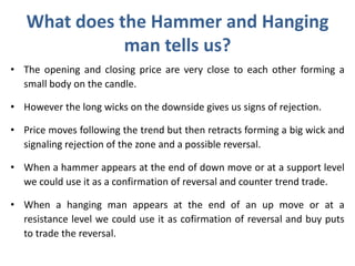 What does the Hammer and Hanging
man tells us?
• The opening and closing price are very close to each other forming a
small body on the candle.
• However the long wicks on the downside gives us signs of rejection.
• Price moves following the trend but then retracts forming a big wick and
signaling rejection of the zone and a possible reversal.
• When a hammer appears at the end of down move or at a support level
we could use it as a confirmation of reversal and counter trend trade.
• When a hanging man appears at the end of an up move or at a
resistance level we could use it as cofirmation of reversal and buy puts
to trade the reversal.
 