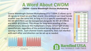 Coarse Wavelength Division Multiplexing (ITU-T G694.2) allows up to
18 signals to travel on one fiber strand. Any protocol can travel beside
another over the same link, as long as it is a specific wavelength. (e.g.
HD-SDI @1570nm can be transported alongside 3G-SDI @1590nm
and MADI @1510nm). This allows for long-term proofing of the
infrastructure, because the multiplexers simply refract light at any
speed/bitrate, regardless of the protocol being deployed. Channel
spacing is 20nm. Each channel travels separately, does not interfere
with each other and direction can be set up as needed.
 