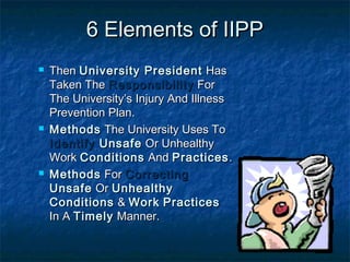 6 Elements of IIPP6 Elements of IIPP
 ThenThen University PresidentUniversity President HasHas
Taken TheTaken The ResponsibilityResponsibility ForFor
The University’s Injury And IllnessThe University’s Injury And Illness
Prevention Plan.Prevention Plan.
 MethodsMethods The University Uses ToThe University Uses To
IdentifyIdentify UnsafeUnsafe Or UnhealthyOr Unhealthy
WorkWork ConditionsConditions AndAnd PracticesPractices..
 MethodsMethods ForFor CorrectingCorrecting
UnsafeUnsafe OrOr UnhealthyUnhealthy
ConditionsConditions && WorkWork PracticesPractices
In AIn A TimelyTimely Manner.Manner.
 