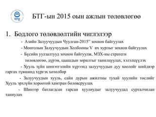 БТГ-ын 2015 оын ажлын төлөвлөгөө
1. Бодлого төлөвлөлтийн чиглэлээр
- Азийн Залуучуудын Чуулган-2015” зохион байгуулах
- Монголын Залуучуудын Холбооны V их хурлыг зохион байгуулах
- Бүсийн уулзалтууд зохион байгуулж, МЗХ-ны стратеги
төлөвлөгөө, дүрэм, цаашдын зорилтыг танилцуулах, хэлэлцүүлэх
- Хууль зүйн шинэтгэлийн хүрээнд залуучуудын дуу хоолойг шийдвэр
гаргах түвшинд хүргэх хөтөлбөр
- Залуучуудын хууль, сайн дурын ажилтны тухай хуулийн төслийг
Хууль эрхзүйн хороотой хамтран боловсруулах
- Шинээр батлагдсан гарсан хуулиудыг залуучуудад сурталчилан
таниулах
 