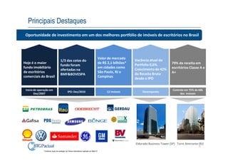 Principais Destaques
 Oportunidade de investimento em um dos melhores portfólio de imóveis de escritórios no Brasil




                                                                                             Valor de mercado
                                     1/3 das cotas do                                                             Vacância atual do
Hoje é o maior                                                                               de R$ 2,1 bilhões*                             79% da receita em
                                     fundo foram                                                                  Portfolio 0,6%.
fundo imobiliário                                                                            em cidades como                                escritórios Classe A e
                                     ofertadas na                                                                 Crescimento de 42%
de escritórios                                                                               São Paulo, RJ e                                A+
                                     BMF&BOVESPA                                                                  da Receita Bruta
comerciais do Brasil                                                                         Campinas
                                                                                                                  desde o IPO

 Inicio de operação em                                                                                                                      Controle em 75% da ABL
                                               IPO: Dez/2010                                      12 imóveis          Desempenho
        Dez/2007                                                                                                                                 dos imóveis




                                                                                                                  Eldorado Business Tower (SP) Torre Almirante (RJ)
                                                                                                                                                               11
              * Conforme laudo de avaliação da Colliers International realizado em Maio/12
 