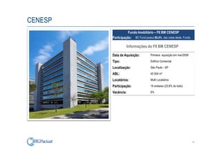 CENESP
                    Fundo Imobiliário – FII BM CENESP
         Participação: BC Fund possui 69,4% das cotas deste Fundo

                     Informações do FII BM CENESP

         Data de Aquisição:         Primeira aquisição em mar/2008

         Tipo:                      Edifício Comercial

         Localização:               São Paulo - SP

         ABL:                       45.504 m²

         Locatários:                Multi Locatários

         Participação:              16 andares (23,8% do todo)

         Vacância:                  6%




                                                                     34
 