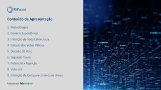 Conteúdo da Apresentação
1. Metodologia
2. Cenário Espontâneo
3. Intenção de Voto Estimulada
4. Cálculo dos Votos Válidos
5. Decisão de Voto
6. Segundo Turno
7. Potencial x Rejeição
8. Voto útil
9. Intenção de Comparecimento às Urnas
Produzido por
 