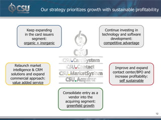 Our strategy prioritizes growth with sustainable profitability



         Keep expanding                                  Continue investing in
        in the card issuers                            technology and software
             segment:                                       development:
       organic + inorganic                              competitive advantage




   Relaunch market
                                                              Improve and expand
  intelligence & CRM
                                                             contact center/BPO and
solutions and expand
                                                              increase profitability:
commercial approach:
                                                                 self sustainable
 value added service

                              Consolidate entry as a
                                 vendor into the
                               acquiring segment:
                                greenfield growth

                                                                                        12
 