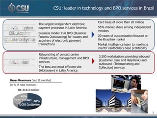 CSU: leader in technology and BPO services in Brazil


                                                                  Card base of more than 20 million
                           The largest independent electronic
                           payment processor in Latin America     55% market share among independent
                                                                  vendors
                           Business model: Full BPO (Business
                           Process Outsourcing) for issuers and   20 years of customization focused on
                           acquirers of electronic payment        the Brazilian market
                           transactions                           Market intelligence team to maximize
                                                                  clients’ cardholders base profitability

                           Relaunching of contact center
                                                                  3,500 workstations providing inbound
                           infrastructure, management and BPO
                                                                  (Customer Care and HelpDesk) and
                           services
                                                                  outbound (Telemarketing and
                           The best and most efficient site       Collection) services
                           (Alphaview) in Latin America


Gross Revenues (last 12 months)
(in % of total revenues)

       R$ 419.3 million

         40%
                     60%



                                                                                                            2
 