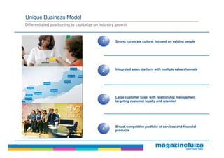 Unique Business Model
Differentiated positioning to capitalize on industry growth



                                            1       Strong corporate culture, focused on valuing people




                                            2       Integrated sales platform with multiple sales channels




                                                    Large customer base, with relationship management
                                            3       targeting customer loyalty and retention




                                                    Broad, competitive portfolio of services and financial
                                            4       products




                                                                                                             6
 