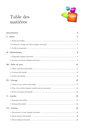 Table des
matières
Introduction 4
I - Salon 5
1. Dessin [Accessible] ........................................................................................................................ 5
2. Classement d'images par thème [Anglais nécessaire] .................................................................... 6
3. Feuille de progression ................................................................................................................... 7
II - Bibliothèque 8
1. Géographie [Anglais nécessaire] .................................................................................................... 8
2. Inventer une histoire [Anglais nécessaire] ..................................................................................... 9
III - Salle de jeux 11
1. Dessin (symboles) [Accessible] .................................................................................................... 11
2. Fractions [Accessible] ................................................................................................................. 12
3. Puzzles [Accessible] .................................................................................................................... 13
IV - Garage 15
1. Arriver au bon nombre [Accessible] ............................................................................................ 15
2. Place d'une syllabe [Anglais conseillé mais pas nécessaire] ........................................................ 16
3. Pièces de monnaie [Accessible] ................................................................................................... 17
V - Jardin 19
1. Recyclage [Accessible] ................................................................................................................. 19
2. Musique [Accessible] ................................................................................................................... 20
VI - Cuisine 22
1. Reconstituer les mots [Anglais nécessaire] .................................................................................. 22
2. Dessin (formes) [Accessible] ........................................................................................................ 23
3. Heures [Anglais nécessaire] ......................................................................................................... 24
 