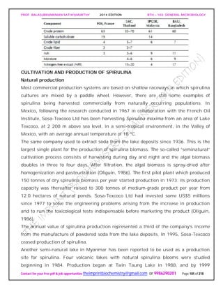 PROF. BALASUBRAMANIAN SATHYAMURTHY 2014 EDITION BTH – 103: GENERAL MICROBIOLOGY
Contact for your free pdf & job opportunities theimprintbiochemistry@gmail.com or 9986290201 Page 105 of 218
CULTIVATION AND PRODUCTION OF SPIRULINA
Natural production
Most commercial production systems are based on shallow raceways in which spirulina
cultures are mixed by a paddle wheel. However, there are still some examples of
spirulina being harvested commercially from naturally occurring populations. In
Mexico, following the research conducted in 1967 in collaboration with the French Oil
Institute, Sosa-Texcoco Ltd has been harvesting Spirulina maxima from an area of Lake
Texcoco, at 2 200 m above sea level, in a semi-tropical environment, in the Valley of
Mexico, with an average annual temperature of 18 ºC.
The same company used to extract soda from the lake deposits since 1936. This is the
largest single plant for the production of spirulina biomass. The so-called “seminatural”
cultivation process consists of harvesting during day and night and the algal biomass
doubles in three to four days. After filtration, the algal biomass is spray-dried after
homogenization and pasteurization (Oliguín, 1986). The first pilot plant which produced
150 tonnes of dry spirulina biomass per year started production in 1973; its production
capacity was thereafter raised to 300 tonnes of medium-grade product per year from
12.0 hectares of natural ponds. Sosa-Texcoco Ltd had invested some US$5 millions
since 1977 to solve the engineering problems arising from the increase in production
and to run the toxicological tests indispensable before marketing the product (Oliguín,
1986).
The annual value of spirulina production represented a third of the company's income
from the manufacture of powdered soda from the lake deposits. In 1995, Sosa-Texcoco
ceased production of spirulina.
Another semi-natural lake in Myanmar has been reported to be used as a production
site for spirulina. Four volcanic lakes with natural spirulina blooms were studied
beginning in 1984. Production began at Twin Taung Lake in 1988, and by 1999
 