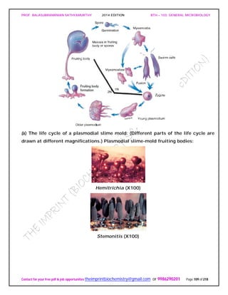PROF. BALASUBRAMANIAN SATHYAMURTHY 2014 EDITION BTH – 103: GENERAL MICROBIOLOGY
Contact for your free pdf & job opportunities theimprintbiochemistry@gmail.com or 9986290201 Page 109 of 218
(a) The life cycle of a plasmodial slime mold. (Different parts of the life cycle are
drawn at different magnifications.) Plasmodial slime-mold fruiting bodies:
Hemitrichia (X100)
Stemonitis (X100)
 