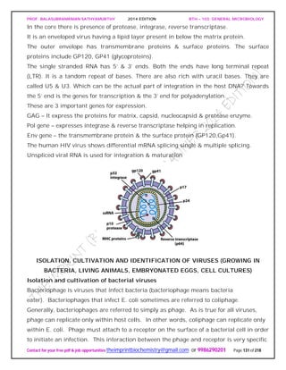 PROF. BALASUBRAMANIAN SATHYAMURTHY 2014 EDITION BTH – 103: GENERAL MICROBIOLOGY
Contact for your free pdf & job opportunities theimprintbiochemistry@gmail.com or 9986290201 Page 131 of 218
In the core there is presence of protease, integrase, reverse transcriptase.
It is an enveloped virus having a lipid layer present in below the matrix protein.
The outer envelope has transmembrane proteins & surface proteins. The surface
proteins include GP120, GP41 (glycoproteins).
The single stranded RNA has 5’ & 3’ ends. Both the ends have long terminal repeat
(LTR). It is a tandom repeat of bases. There are also rich with uracil bases. They are
called U5 & U3. Which can be the actual part of integration in the host DNA? Towards
the 5’ end is the genes for transcription & the 3’ end for polyadenylation.
These are 3 important genes for expression.
GAG – It express the proteins for matrix, capsid, nucleocapsid & protease enzyme.
Pol gene – expresses integrase & reverse transcriptase helping in replication.
Env gene – the transmembrane protein & the surface protein (GP120,Gp41).
The human HIV virus shows differential mRNA splicing single & multiple splicing.
Unspliced viral RNA is used for integration & maturation
ISOLATION, CULTIVATION AND IDENTIFICATION OF VIRUSES (GROWING IN
BACTERIA, LIVING ANIMALS, EMBRYONATED EGGS, CELL CULTURES)
Isolation and cultivation of bacterial viruses
Bacteriophage is viruses that infect bacteria (bacteriophage means bacteria
eater). Bacteriophages that infect E. coli sometimes are referred to coliphage.
Generally, bacteriophages are referred to simply as phage. As is true for all viruses,
phage can replicate only within host cells. In other words, coliphage can replicate only
within E. coli. Phage must attach to a receptor on the surface of a bacterial cell in order
to initiate an infection. This interaction between the phage and receptor is very specific
 