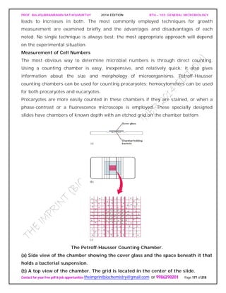 PROF. BALASUBRAMANIAN SATHYAMURTHY 2014 EDITION BTH – 103: GENERAL MICROBIOLOGY
Contact for your free pdf & job opportunities theimprintbiochemistry@gmail.com or 9986290201 Page 177 of 218
leads to increases in both. The most commonly employed techniques for growth
measurement are examined briefly and the advantages and disadvantages of each
noted. No single technique is always best; the most appropriate approach will depend
on the experimental situation.
Measurement of Cell Numbers
The most obvious way to determine microbial numbers is through direct counting.
Using a counting chamber is easy, inexpensive, and relatively quick; it also gives
information about the size and morphology of microorganisms. Petroff-Hausser
counting chambers can be used for counting procaryotes; hemocytometers can be used
for both procaryotes and eucaryotes.
Procaryotes are more easily counted in these chambers if they are stained, or when a
phase-contrast or a fluorescence microscope is employed. These specially designed
slides have chambers of known depth with an etched grid on the chamber bottom.
The Petroff-Hausser Counting Chamber.
(a) Side view of the chamber showing the cover glass and the space beneath it that
holds a bacterial suspension.
(b) A top view of the chamber. The grid is located in the center of the slide.
 