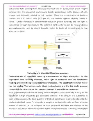 PROF. BALASUBRAMANIAN SATHYAMURTHY 2014 EDITION BTH – 103: GENERAL MICROBIOLOGY
Contact for your free pdf & job opportunities theimprintbiochemistry@gmail.com or 9986290201 Page 181 of 218
cells scatter light striking them. Because microbial cells in a population are of roughly
constant size, the amount of scattering is directly proportional to the biomass of cells
present and indirectly related to cell number. When the concentration of bacteria
reaches about 10 million cells (107) per ml, the medium appears slightly cloudy or
turbid. Further increases in concentration result in greater turbidity and less light is
transmitted through the medium. The extent of light scattering can be measured by a
spectrophotometer and is almost linearly related to bacterial concentration at low
absorbance levels.
Turbidity and Microbial Mass Measurement.
Determination of microbial mass by measurement of light absorption. As the
population and turbidity increase, more light is scattered and the absorbance
reading given by the spectrophotometer increases. The spectrophotometer meter
has two scales. The bottom scale displays absorbance and the top scale, percent
transmittance. Absorbance increases as percent transmittance decreases.
Thus population growth can be easily measured spectrophotometrically as long as the
population is high enough to give detectable turbidity. If the amount of a substance in
each cell is constant, the total quantity of that cell constituent is directly related to the
total microbial cell mass. For example, a sample of washed cells collected from a known
volume of medium can be analyzed for total protein or nitrogen. An increase in the
microbial population will be reflected in higher total protein levels. Similarly, chlorophyll
 