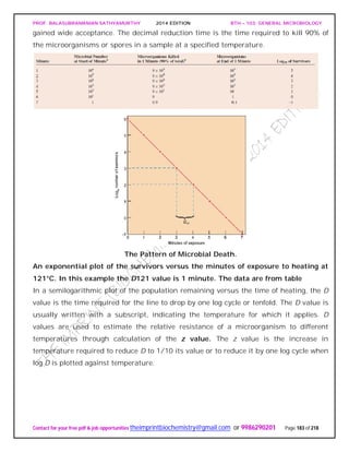 PROF. BALASUBRAMANIAN SATHYAMURTHY 2014 EDITION BTH – 103: GENERAL MICROBIOLOGY
Contact for your free pdf & job opportunities theimprintbiochemistry@gmail.com or 9986290201 Page 183 of 218
gained wide acceptance. The decimal reduction time is the time required to kill 90% of
the microorganisms or spores in a sample at a specified temperature.
The Pattern of Microbial Death.
An exponential plot of the survivors versus the minutes of exposure to heating at
121°C. In this example the D121 value is 1 minute. The data are from table
In a semilogarithmic plot of the population remaining versus the time of heating, the D
value is the time required for the line to drop by one log cycle or tenfold. The D value is
usually written with a subscript, indicating the temperature for which it applies. D
values are used to estimate the relative resistance of a microorganism to different
temperatures through calculation of the z value. The z value is the increase in
temperature required to reduce D to 1/10 its value or to reduce it by one log cycle when
log D is plotted against temperature.
 