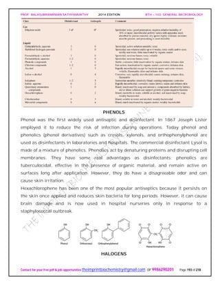 PROF. BALASUBRAMANIAN SATHYAMURTHY 2014 EDITION BTH – 103: GENERAL MICROBIOLOGY
Contact for your free pdf & job opportunities theimprintbiochemistry@gmail.com or 9986290201 Page 193 of 218
PHENOLS
Phenol was the first widely used antiseptic and disinfectant. In 1867 Joseph Lister
employed it to reduce the risk of infection during operations. Today phenol and
phenolics (phenol derivatives) such as cresols, xylenols, and orthophenylphenol are
used as disinfectants in laboratories and hospitals. The commercial disinfectant Lysol is
made of a mixture of phenolics. Phenolics act by denaturing proteins and disrupting cell
membranes. They have some real advantages as disinfectants: phenolics are
tuberculocidal, effective in the presence of organic material, and remain active on
surfaces long after application. However, they do have a disagreeable odor and can
cause skin irritation.
Hexachlorophene has been one of the most popular antiseptics because it persists on
the skin once applied and reduces skin bacteria for long periods. However, it can cause
brain damage and is now used in hospital nurseries only in response to a
staphylococcal outbreak.
HALOGENS
 