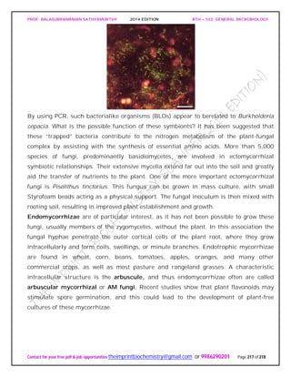 PROF. BALASUBRAMANIAN SATHYAMURTHY 2014 EDITION BTH – 103: GENERAL MICROBIOLOGY
Contact for your free pdf & job opportunities theimprintbiochemistry@gmail.com or 9986290201 Page 217 of 218
By using PCR, such bacterialike organisms (BLOs) appear to berelated to Burkholderia
cepacia. What is the possible function of these symbionts? It has been suggested that
these “trapped” bacteria contribute to the nitrogen metabolism of the plant-fungal
complex by assisting with the synthesis of essential amino acids. More than 5,000
species of fungi, predominantly basidiomycetes, are involved in ectomycorrhizal
symbiotic relationships. Their extensive mycelia extend far out into the soil and greatly
aid the transfer of nutrients to the plant. One of the more important ectomycorrhizal
fungi is Pisolithus tinctorius. This fungus can be grown in mass culture, with small
Styrofoam beads acting as a physical support. The fungal inoculum is then mixed with
rooting soil, resulting in improved plant establishment and growth.
Endomycorrhizae are of particular interest, as it has not been possible to grow these
fungi, usually members of the zygomycetes, without the plant. In this association the
fungal hyphae penetrate the outer cortical cells of the plant root, where they grow
intracellularly and form coils, swellings, or minute branches. Endotrophic mycorrhizae
are found in wheat, corn, beans, tomatoes, apples, oranges, and many other
commercial crops, as well as most pasture and rangeland grasses. A characteristic
intracellular structure is the arbuscule, and thus endomycorrhizae often are called
arbuscular mycorrhizal or AM fungi. Recent studies show that plant flavonoids may
stimulate spore germination, and this could lead to the development of plant-free
cultures of these mycorrhizae.
 