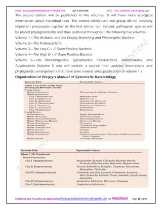 PROF. BALASUBRAMANIAN SATHYAMURTHY 2014 EDITION BTH – 103: GENERAL MICROBIOLOGY
Contact for your free pdf & job opportunities theimprintbiochemistry@gmail.com or 9986290201 Page 43 of 218
The second edition will be published in five volumes. It will have more ecological
information about individual taxa. The second edition will not group all the clinically
important procaryotes together as the first edition did. Instead, pathogenic species will
be placed phylogenetically and thus scattered throughout the following five volumes.
Volume 1—The Archaea, and the Deeply Branching and Phototrophic Bacteria
Volume 2—The Proteobacteria
Volume 3—The Low G + C Gram-Positive Bacteria
Volume 4—The High G + C Gram-Positive Bacteria
Volume 5—The Planctomycetes, Spirochaetes, Fibrobacteres, Bacteroidetes, and
Fusobacteria (Volume 5 also will contain a section that updates descriptions and
phylogenetic arrangements that have been revised since publication of volume 1.)
Organization of Bergey’s Manual of Systematic Bacteriology
 