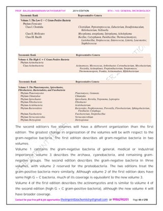 PROF. BALASUBRAMANIAN SATHYAMURTHY 2014 EDITION BTH – 103: GENERAL MICROBIOLOGY
Contact for your free pdf & job opportunities theimprintbiochemistry@gmail.com or 9986290201 Page 44 of 218
The second edition’s five volumes will have a different organization than the first
edition. The greatest change in organization of the volumes will be with respect to the
gram-negative bacteria. The first edition describes all gram-negative bacteria in two
volumes.
Volume 1 contains the gram-negative bacteria of general, medical or industrial
importance; volume 3 describes the archaea, cyanobacteria, and remaining gram-
negative groups. The second edition describes the gram-negative bacteria in three
volumes, with volume 2 reserved for the proteobacteria. The two editions treat the
gram-positive bacteria more similarly. Although volume 2 of the first edition does have
some high G + C bacteria, much of its coverage is equivalent to the new volume 3.
Volume 4 of the first edition describes the actinomycetes and is similar to volume 4 of
the second edition (high G + C gram-positive bacteria), although the new volume 4 will
have broader coverage.
 