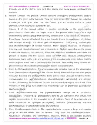 PROF. BALASUBRAMANIAN SATHYAMURTHY 2014 EDITION BTH – 103: GENERAL MICROBIOLOGY
Contact for your free pdf & job opportunities theimprintbiochemistry@gmail.com or 9986290201 Page 47 of 218
through use of the Calvin cycle just like plants and many purple photosynthetic
bacteria.
6. Phylum Chlorobi. The phylum Chlorobi contains anoxygenic photosynthetic bacteria
known as the green sulfur bacteria. They can incorporate CO2 through the reductive
tricarboxylic acid cycle rather than the Calvin cycle and oxidize sulfide to sulfur
granules, which accumulate outside the cell.
Volume 2 of the second edition is devoted completely to the gram-negative
proteobacteria, often called the purple bacteria. The phylum Proteobacteria is a large
and extremely complex group that currently contains over 1,300 species in 384 genera.
Even though they are all related, the group is quite diverse in morphology, physiology,
and life-style. All major nutritional types are represented: phototrophy, heterotrophy,
and chemolithotrophy of several varieties. Many species important in medicine,
industry, and biological research are proteobacteria. Obvious examples are the genera
Escherichia, Neisseria, Pseudomonas, Rhizobium, Rickettsia, Salmonella, and Vibrio. The
phylum is divided into five classes based on rRNA data. Because photosynthetic
bacteria are found in the α, β, and γ classes of the proteobacteria, many believe that the
whole phylum arose from a photosynthetic ancestor. Presumably many strains lost
photosynthesis when adapting metabolically to new ecological niches.
1. Class I—Alphaproteobacteria. The α proteobacteria includes most of the oligotrophic
forms (those capable of growing at low nutrient levels). Rhodospirillum and other purple
nonsulfur bacteria are photosynthetic. Some genera have unusual metabolic modes:
methylotrophy (e.g., Methylobacterium), chemolithotrophy (Nitrobacter), and nitrogen
fixation (Rhizobium). Rickettsia and Brucella are important pathogens. About half of the
microbes in this group have distinctive morphology such as prosthecae (Caulobacter,
Hyphomicrobium).
2. Class II—Betaproteobacteria. The β-proteobacteria overlap the α subdivision
metabolically. However the β- proteobacteria tend to use substances that diffuse from
organic decomposition in the anaerobic zone of habitats. Some of these bacteria use
such substances as hydrogen (Alcaligenes), ammonia (Nitrosomonas), methane
(Methylobacillus), or volatile fatty acids (Burkholderia).
3. Class III—Gammaproteobacteria. The γ-proteobacteria compose a large and complex
group of thirteen orders and 20 families. They often are chemoorganotrophic,
facultatively anaerobic, and fermentative. However, there is considerable diversity
 