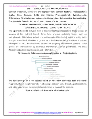 PROF. BALASUBRAMANIAN SATHYAMURTHY 2014 EDITION BTH – 103: GENERAL MICROBIOLOGY
Contact for your free pdf & job opportunities theimprintbiochemistry@gmail.com or 9986290201 Page 58 of 218
UNIT – 2: PROKARYOTIC MICROORGANISM
General properties, Structure, and reproduction: Domain Bacteria: Proteobacteria
(Alpha, Beta, Gamma, Delta and Epsilon Proteobacteria), Cyanobacteria,
Chlorobium, Firmicutes, Actinobacteria, Chlamydiae, Spirochaetes, Bacteroidetes,
Fusobacteria. Domain Archea: Crenarchaeota, Euryarchaeota.
GENERAL PROPERTIES, STRUCTURE, AND REPRODUCTION:
DOMAIN BACTERIA: PROTEOBACTERIA - ALPHA
The α-proteobacteria includes most of the oligotrophic proteobacteria (those capable of
growing at low nutrient levels). Some have unusual metabolic modes such as
methylotrophy (Methylobacterium), chemolithotrophy (Nitrobacter), and the ability to fix
nitrogen (Rhizobium). Members of genera such as Rickettsia and Brucella are important
pathogens; in fact, Rickettsia has become an obligately intracellular parasite. Many
genera are characterized by distinctive morphology such as prosthecae. The class
Alphaproteobacteria has six orders and 18 families.
Phylogenetic Relationships Among Selected α - Proteobacteria.
The relationships of a few species based on 16S rRNA sequence data are shown
Figure illustrates the phylogenetic relationships between some typical α-proteobacteria,
and table summarizes the general characteristics of many of the bacteria.
Characteristics of Selected α – Proteobacteria
 