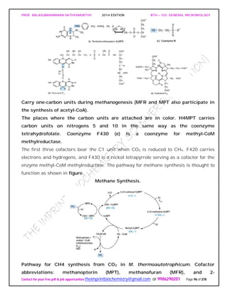 PROF. BALASUBRAMANIAN SATHYAMURTHY 2014 EDITION BTH – 103: GENERAL MICROBIOLOGY
Contact for your free pdf & job opportunities theimprintbiochemistry@gmail.com or 9986290201 Page 96 of 218
Carry one-carbon units during methanogenesis (MFR and MPT also participate in
the synthesis of acetyl-CoA).
The places where the carbon units are attached are in color. H4MPT carries
carbon units on nitrogens 5 and 10 in the same way as the coenzyme
tetrahydrofolate. Coenzyme F430 (e) is a coenzyme for methyl-CoM
methylreductase.
The first three cofactors bear the C1 unit when CO2 is reduced to CH4. F420 carries
electrons and hydrogens, and F430 is a nickel tetrapyrrole serving as a cofactor for the
enzyme methyl-CoM methylreductase. The pathway for methane synthesis is thought to
function as shown in figure.
Methane Synthesis.
Pathway for CH4 synthesis from CO2 in M. thermoautotrophicum. Cofactor
abbreviations: methanopterin (MPT), methanofuran (MFR), and 2-
 