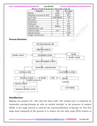 PROF. BALASUBRAMANIAN SATHYAMURTHY 2016 EDITION BTH-204: ENVIRONMENTAL BIOTECHNOLOGY
Contact for your free pdf & job opportunities theimprintbiochemistry@gmail.com or 9980494461 Page 148 of 263
Process flowchart
Esterification:
Karanja oil contains 6%- 20% (wt) free fatty acids. The methyl ester is produced by
chemically reacting karanja oil with an alcohol (methyl), in the presence of catalyst
(KOH). A two stage process is used for the transesterification of karanja oil. The first
stage (acid catalyzed) of the process is to reduce the free fatty acids (FFA) content in
 