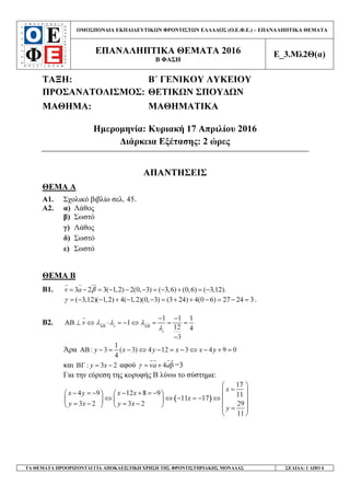 ΟΜΟΣΠΟΝ∆ΙΑ ΕΚΠΑΙ∆ΕΥΤΙΚ Ν ΦΡΟΝΤΙΣΤ Ν ΕΛΛΑ∆ΟΣ (Ο.Ε.Φ.Ε.) – ΕΠΑΝΑΛΗΠΤΙΚΑ ΘΕΜΑΤΑ
ΕΠΑΝΑΛΗΠΤΙΚΑ ΘΕΜΑΤΑ 2016
Β ΦΑΣΗ
Ε_3.Μλ2Θ(α)
ΤΑ ΘΕΜΑΤΑ ΠΡΟΟΡΙΖΟΝΤΑΙ ΓΙΑ ΑΠΟΚΛΕΙΣΤΙΚΗ ΧΡΗΣΗ ΤΗΣ ΦΡΟΝΤΙΣΤΗΡΙΑΚΗΣ ΜΟΝΑ∆ΑΣ ΣΕΛΙ∆Α: 1 ΑΠΟ 4
ΤΑΞΗ: Β΄ ΓΕΝΙΚΟΥ ΛΥΚΕΙΟΥ
ΠΡΟΣΑΝΑΤΟΛΙΣΜΟΣ: ΘΕΤΙΚ Ν ΣΠΟΥ∆ Ν
ΜΑΘΗΜΑ: ΜΑΘΗΜΑΤΙΚΑ
Ηµεροµηνία: Κυριακή 17 Απριλίου 2016
∆ιάρκεια Εξέτασης: 2 ώρες
ΑΠΑΝΤΗΣΕΙΣ
ΘΕΜΑ Α
Α1. Σχολικό βιβλίο σελ. 45.
Α2. α) Λάθος
β) Σωστό
γ) Λάθος
δ) Σωστό
ε) Σωστό
ΘΕΜΑ Β
Β1. 3 2 3( 1,2) 2(0, 3) ( 3,6) (0,6) ( 3,12).v a β= − = − − − = − + = −
( 3,12)( 1,2) 4( 1,2)(0, 3) (3 24) 4(0 6) 27 24 3γ = − − + − − = + + − = − = .
Β2.
1 1 1
1
12 4
3
v
v
v λ λ λ
λΑΒ ΑΒ
− −
ΑΒ ⊥ ⇔ ⋅ = − ⇔ = = =
−
Άρα
1
: 3 ( 3) 4 12 3 4 9 0
4
y x y x x yΑΒ − = − ⇔ − = − ⇔ − + =
και : 3 2y xΒΓ = − αφού 4 βva aγ = + =3
Για την εύρεση της κορυφής Β λύνω το σύστηµα:
( )
17
4 9 12 8 9 11
11 17
3 2 3 2 29
11
x
x y x x
x
y x y x
y
 
= − = − − + = −   
⇔ ⇔ − = − ⇔     
= − = −     = 
 
 