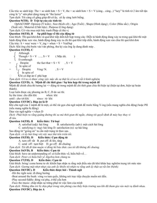 Cấu trúc so sánh kép: The + so sánh hơn + S + V, the + so sánh hơn + S + V (càng... càng...) “lazy” là tính từ 2 âm tiết tận
cùng là “y” nên phải dùng trạng từ “the lazier”
Tạm dịch: Tôi càng cố gắng giúp đỡ cô ấy, cô ấy càng lười biếng.
Question 9(TH). D Trật tự của các tính từ:
OpSACOMP: Opinion (Ý kiến) ; Size (Kích cỡ) ; Age (Tuổi) ; Shape (Hình dạng) ; Color (Màu sắc) ; Origin
(Xuất xứ) ; Material (Chất liệu) ; Purpose (Công dụng)
Tạm dịch: Cô vừa mua một bức tranh Pháp cũ thú vị
Question 10(TH). B Sự phối hợp về thì của động từ
Giải thích: Thì quá khứ đơn và quá khứ tiếp diễn kết hợp trong câu: Diễn tả hành động đang xảy ra trong quá khứ thì một
hành động khác xen vào, hành động đang xảy ra chi thì quá khứ tiếp diễn, hành động xen vào chia thì quá khứ đơn
Cấu trúc: S + was/ were + V_ing + when + S + Ved/bqt
Dịch: Khi ông chủ bước vào văn phòng, thư ký của ông ấy đang đánh máy .
Question 11(TH). C
Although
Though+ S + V ....., S + V ( Mặc dù. )
Eventhough
= Despite the fact that + S + V , S + V
In spite of
= Despite Ving/ N. , S + V
In spite of
Chỉ có đáp án C phù hợp
Tạm dịch: Cô ta có được công việc mặc dù sự thật là cô ta có rất ít kinh nghiệm
Question 12(VD). A. Mệnh đề chỉ thời gian / Sự hòa hợp thì trong mệnh đề
Mệnh đề chính chia thì tương lai => động từ trong mệnh đề chỉ thời gian chia thì hiện tại (hiện tại đơn, hiện tại hoàn
thành).
Loại luôn được các phương án B, C, D do sai thì.
by the time: cho đến khi when: khi
until : cho tới khi since : từ khi
Question 13(VDC). Đáp án là D
Khi chủ ngữ của 2 mệnh đề là một, có thể rút gọn chủ ngữ mệnh đề trước bằng V-ing (nếu mang nghĩa chủ động) hoặc PII
(nếu mang nghĩa bị động)
Dựa vào ngữ nghĩa =>chọn D
Dịch: Phát hiện ra rằng quãng đường thì xa mà thời gian thì ngắn, chúng tôi quyết định đi máy bay thay vì
đi tàu.
Question 14(TH). B Kiến thức: Từ loại
A. satisfied (adj): hài lòng B. satisfactorily (adv): một cách hài lòng
C. satisfying (v–ing): hài lòng D. satisfaction (n): sự hài lòng
Sau động từ “going on” ta cần một trạng từ theo sau.
Tạm dịch: cô ấy hài lòng với việc mọi thứ tiến triển tốt.
Question 15(TH). D Kiến thức: Cụm động từ
A. turn off: tắt B. put off: đi lên, tăng
C. send off : tạm biệt D. go off: đổ chuông
Tạm dịch: Tôi đã đi làm muộn vì đồng hồ báo thức của tôi đã không đổ chuông.
Question 16(VD). B Kiến thức: Cụm từ
Giải thích: have an understanding of: có kiến thức về, hiểu biết về…
Tạm dịch: Peter có hiểu biết về Algebra hơn chúng ta.
Question 17(TH). D Kiến thức: Cụm từ
Giải thích: bring/ come home to sb: khiến bạn nhận ra rằng một điều nào đó khó khăn hay nghiêm trọng tới mức nào
Tạm dịch: Gương mặt nhợt nhạt của anh ấy khiến tôi nhận ra rằng anh ấy thật sự rất ốm (bệnh).
Question 18(VDC). D Kiến thức được hỏi - Thành ngữ
-Hit the right note: đi đúng hướng
-Beat around the bush: vòng vo tam quốc, không nói trực tiếp chuyện muốn nói đến.
-Play second fiddle: đóng vai phụ, ở thế yếu hơn
-Face the music: chấp nhận sự trừng phạt từ việc làm của mình
Tạm dịch: Những đứa trẻ bị chịu phạt trong văn phòng của thầy hiệu trưởng sau khi đã tham gia vào một vụ đánh nhau.
Question 19(VDC). Đáp án A
 