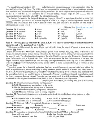 The shared technical standards (28) ______ make the internet work are managed by an organization called the
Internet Engineering Task Force. The IETF is an open organization; anyone is free to attend meetings, propose
new standards, and recommend changes to existing standards. No one is required to adopt standards endorsed
by the IETF, but the IETF’s consensus-based decision-making process helps to (29) ______ that its
recommendations are generally adopted by the internet community.
The Internet Corporation for Assigned Names and Numbers (ICANN) is sometimes described as being (30)
______ for internet governance. As its name implies, ICANN is in charge of distributing domain names (like
vox.com) and IP addresses. But ICANN doesn’t control who can connect to the internet or what kind of
information can be sent over it.
(Adapted from https://www.vox.com/)
Question 26: A. entities B. terms C. amounts D. states
Question 27: A. another B. every C. each D. all
Question 28: A. that B. who C. when D. what
Question 29: A. function B. stress C. exchange D. ensure
Question 30: A. Curious B. Responsible C. cheerful D. interested
Read the following passage and mark the letter A, B, C, or D on your answer sheet to indicate the correct
answer to each of the questions from 31 to 35.
Table manners differ around the world. If you visit a friend’s home for a meal, it’s good to know about the
customs they follow.
If you are invited to a Moroccan’s home, bring a gift of sweet pastries, nuts, figs, dates, or flowers to the
hostess. In many traditional homes, people often sit on the floor to eat a meal. Often, everyone shares food from
the same 10 plate. The plate is put in the centre of the table. Usually, everyone also drinks water from the same
glass. Only eat the food in front of you. Don’t reach across someone for food. It is common to use you your
fingers and small pieces of bread to eat food. Use only your right hand to eat. Don’t say “no” to food. If the host
of the meal offers you food or drink, take some and try a little. In many Moroccan homes, it is common to take
off your shoes.
Tanzania is known for its fresh fish and spices. Don’t act scared if your meal comes with its head still on the
plate. It is polite to try a bite of everything. In many Tanzania homes, people sit at a table on a small stools to
eat. It is OK to eat with your right hand, using bread or chapati to pick up food. Everyone may take food from
the same plate., but it is not usual for people to share drinks. You may compliment the cook on a delicious meal,
but don’t exaggerate. In some parts of Tanzania, men and women still sit at different tables. Also remember: it
is common to take off your shoes in the home, but it is rude to show the bottom of your foot.
(Adopted from Active Skills for Reading Intro by Neil J Anderson)
Question 31. Which best serves as the title for the passage?
A. Table Manners across some cultures in the world.
B. Tips for foreigners when having meal in Tanzania
C. Table Manners in Morocco, Things to do for everyone
D. Table Manners - Ultimate Guide to Dining Etiquette
Question 32. According to the passage, why does the writer think it is good to know about customs in other
countries?
A. You can know how to eat healthily. B. You can act in a proper way.
C. You can order food in a restaurant. D. You can learn the language.
Question 33. The word "offers" in paragraph 2 is closest in meaning to ________.
A. exchanges B. attends C. receives D. provides
Question 34. The word "they" in paragraph 1 refers to ________.
A. customs B. manners C. meals D. friends
Question 35. According to paragraph 3, which of the following should NOT do in Tanzania?
A. eat with your hands B. take food from the same plate
C. show the bottom of your foot D. take off your shoes
 