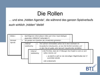 Die Rollen …  und eine „hidden Agenda“, die während des ganzen Spielverlaufs  auch wirklich „hidden“ bleibt! 