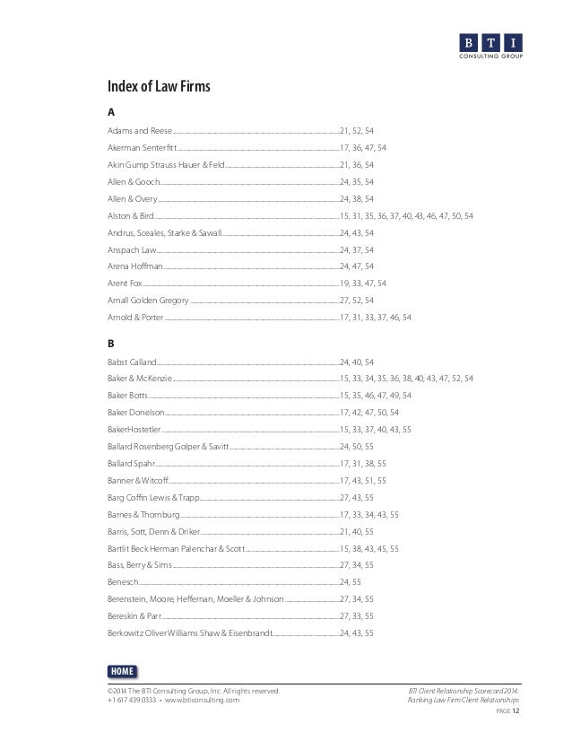 Bti Client Relationship Scorecard 2014 Ranking Law Firm Client Relat