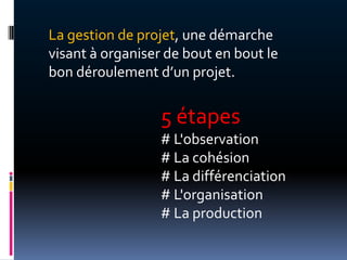 La gestion de projet, une démarche
visant à organiser de bout en bout le
bon déroulement d’un projet.


                  5 étapes
                  # L'observation
                  # La cohésion
                  # La différenciation
                  # L'organisation
                  # La production
 