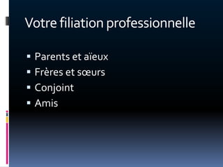 Votre filiation professionnelle

   Parents et aïeux
   Frères et sœurs
   Conjoint
   Amis
 