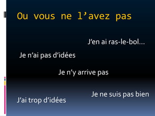 Ou vous ne l’avez pas

                       J’en ai ras-le-bol…
Je n’ai pas d’idées

              Je n’y arrive pas

                         Je ne suis pas bien
J’ai trop d’idées
 