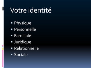 Votre identité
   Physique
   Personnelle
   Familiale
   Juridique
   Relationnelle
   Sociale
 